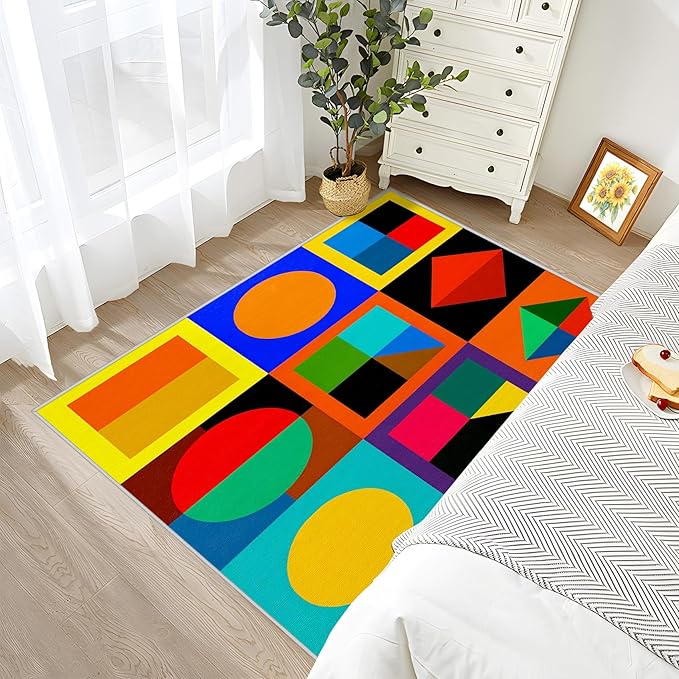 Geometric Rugs for Living Room - 5x6ft - Colorful Abstract Modern Funky Rug for Bedroom Non Slip Low Pile Machine Washable Area Rugs, Geometric Carpets House Decor & Gifts