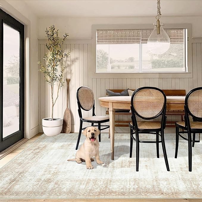 Vintage Living Room Area Rug - 6x9 Large Machine Washable Boho Moroccan Distressed Farmhouse Rugs for Bedroom - Soft Non-Slip Indoor Floor Accent Rugs for Office Dining Room (Beige, 6' x 9')