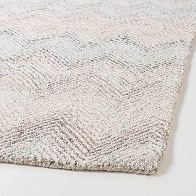 Modern Herringbone Chevron Collection Handcrafted Wool Area Rug - Durable, Zigzag Pattern, for High Traffic, Contemporary Design for Living Room, Bedroom, Dining Room Decor (Ivory-Multi, 9' x 9')