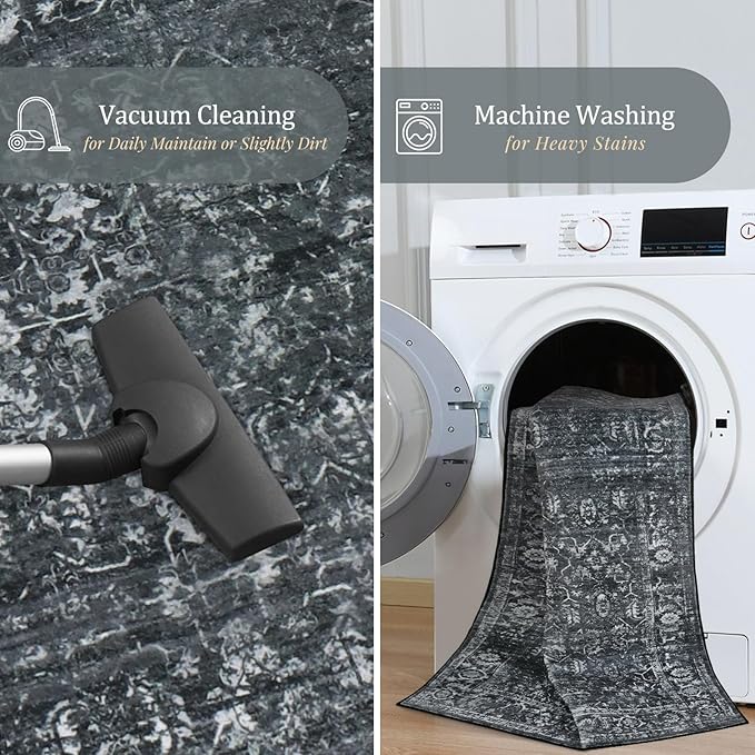 Morebes Washable Black 5x7 Area Rugs for Bedroom Non-Slip, Vintage Floral Rugs for Living Room, Soft Distressed Indoor Floor Retro Boho Throw Carpet for Dorm Playroom Home Office Foyer