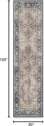 RUGGABLE Washable Vintage Runner Rug – Kamran Royal Blue 2.5x10, Stain-Resistant, Non-Slip Hallway Runner – Machine Washable Rug for Hallway, Entryway, Living Room & Kitchen–with Cushioned Pad