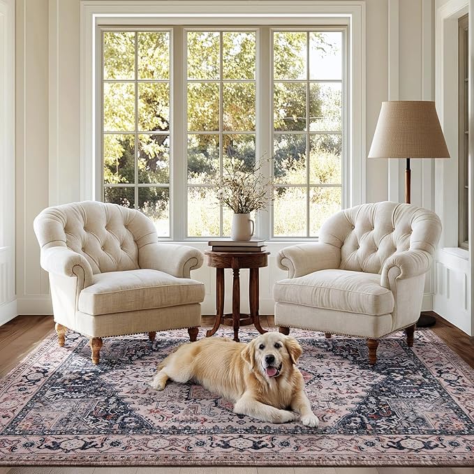 PURRUGS Vintage Farmhouse Boho Area Rug 5x7 ft, Non-Slip Machine Washable Rug, Accent Oriental Rug for Living Room, Dining Room, Bedroom, Entryway and Kitchen, Coral Red/Marine Blue