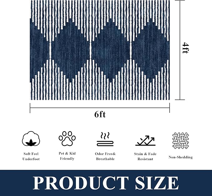 HelloTree Area Rug 4x6 Geometric Rug,Washable Modern Neutral Stain Resistant Indoor Carpet Boho Living Room Moroccan Rugs Fluffy Rug for Living Room Bedside Room Decor for Family-Blue