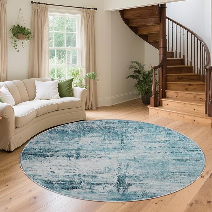 Round 6ft Area Rug Modern Abstract Washable for Living Room Bedroom Dining Room Home Office Teal Gray