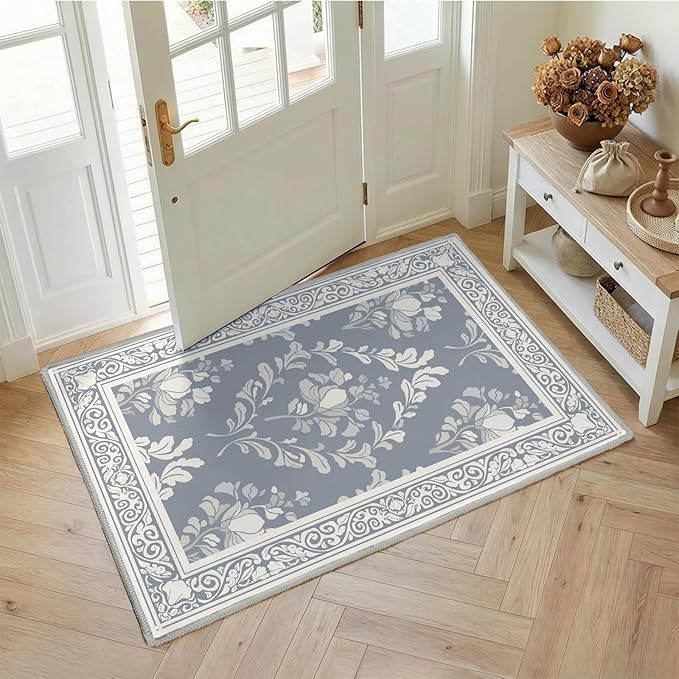 SOULFUL Medium Pile 2x3 Entryway Rug - Soft Underfoot Small Area Rug - Greige Boho Floral - Washable Non-Slip - Perfect for Hallway Kitchen Bedroom Bathroom Indoor Entrance