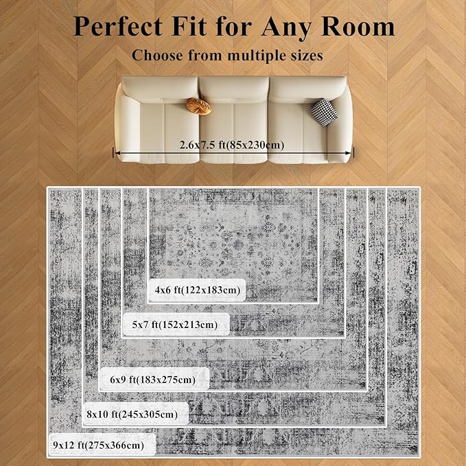 Washable Rugs 5x7 Area Rugs for Living Room, Thin Carpet for Bedroom, Soft Faux Wool Retro Dining Room Rug，Non Slip&Non-Shedding Resistant Low Pile Vintage Print Rug for Home Office (White/Grey)
