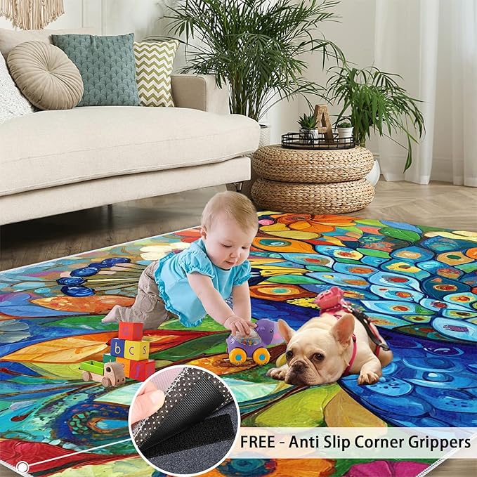 Boho Peacock Rug Small - 4x6 Rug, Colorful Peacock Washable Rugs for Living Room, Teal Turquoise Carpet, Modern Style Non-Slip Area Rugs for Bedroom, Aesthetics Carpet - Peafowl Home Decor & Gifts