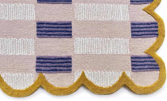 Hand-Tufted Wool Rug with Scalloped Edges, Light Blue Plaid Pattern, Cozy Soft Area Rug for Living Room, Bedroom, and Nursery, Handmade Modern Accent Rug (Pink, 6X9 FEET)