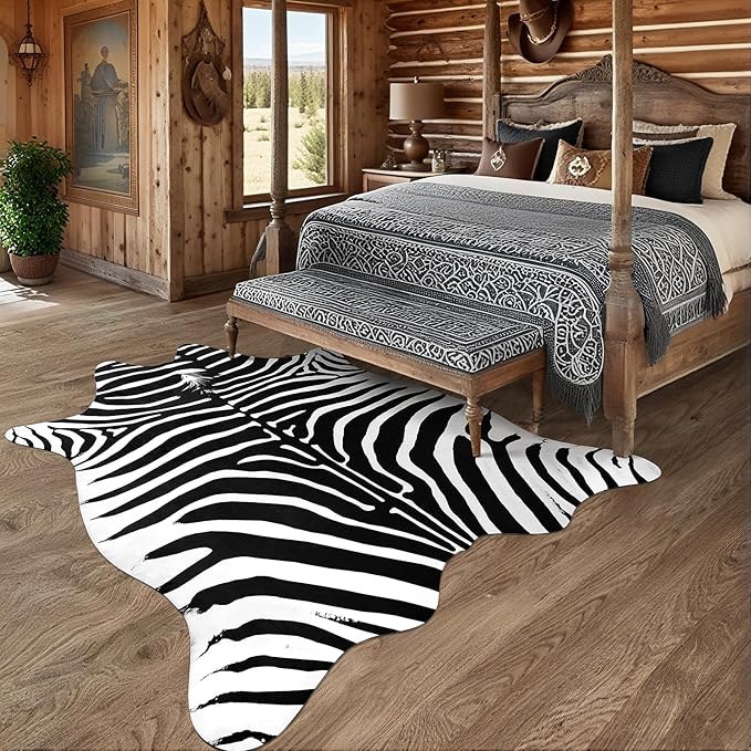 AROGAN Premium Faux Zebra Hide Rug 4.6 x 5.2 Feet, Sturdy and Large Size Bear Print Rugs, Suitable for Bedroom Living Room Western Decor, Faux Fur Animal Carpet, Black and White