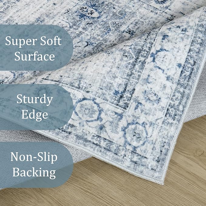 Morebes Vintage 2x10 Runner Rug for Hallway Non Slip,Washable Long Kitchen Rugs Runners,Soft Distressed Non-Shedding Carpet Runner Rug for Entryway Indoor Foyer Playroom,Blue-Gray