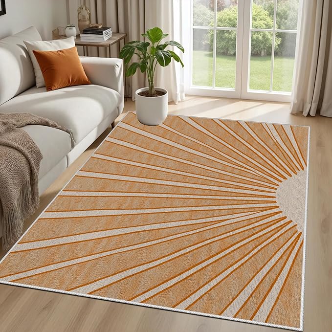 Boho Sun Print Area Rug for Living Room 8x10, Modern Abstract Non-Slip Washable Rugs, Soft Stripe Minimalism Carpet for Bedroom, Nursery, Entryway, Dining Room & Office Decor, Orange White