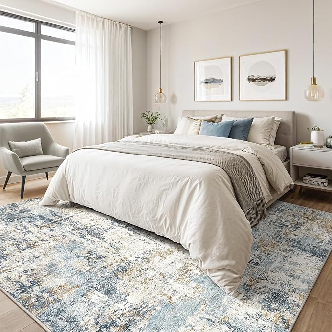 5x8 Area Rug Washable Rugs: Large Abstract Modern Soft Stain Resistant Indoor Floor Non-Slip Accent Carpet for Living Room Bedroom Nursery Playroom Dining Room Office Dorm Home House- Light Blue