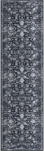 KILOCOCO Hallway Runner 2x7 Rug Runner Printed Vintage Floral Washable Kitchen Runners Non-slip Rubber Backed Runners for Hallways Distressed Thin Soft Rugs for Entryway Laundry Room, Black/Navy/White