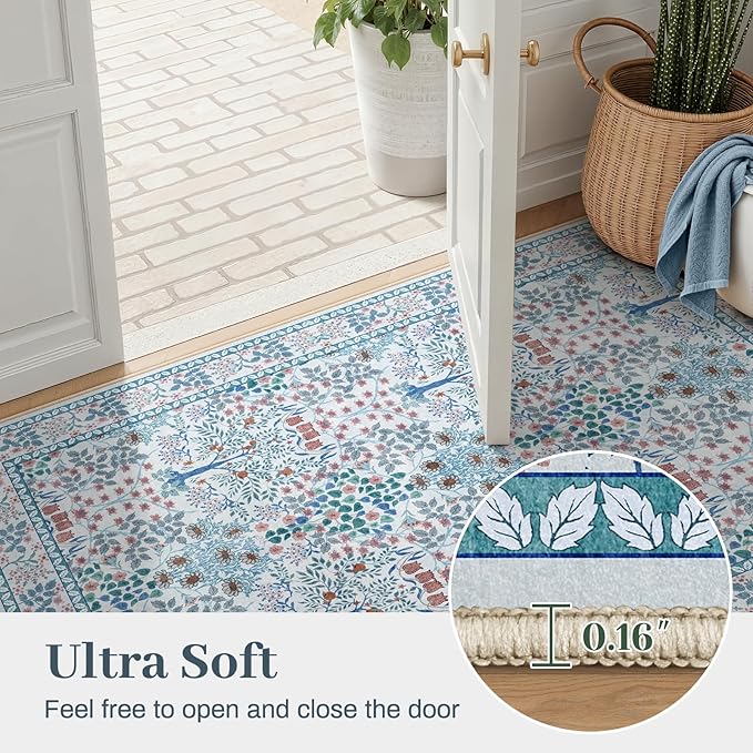 5x7 Area Rugs Living Room Rug - Floral Vintage Morris-Inspired Washable Carpet, Low Pile Non-Shedding Stain Resistance Boho Soft Carpet for Bedroom, Dining Room, Office, Farmhouse (5'x7' Blue/Pink)