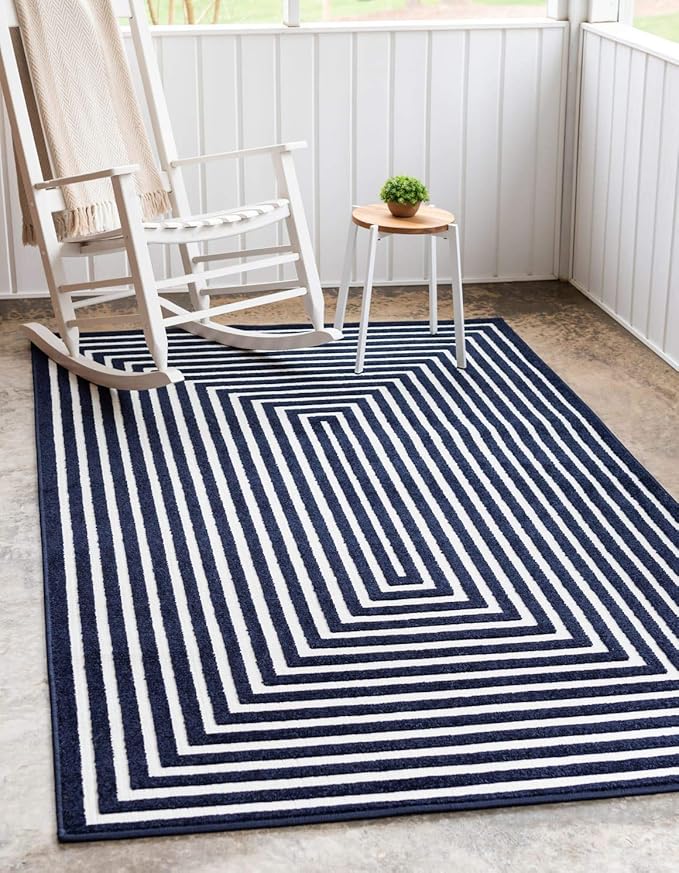 Unique Loom Sabrina Soto Outdoor Collection Geometric, Modern, Vibrant, Carved Area Rug (8' 0 x 10' 0 Rectangular, Navy Blue/ Ivory)