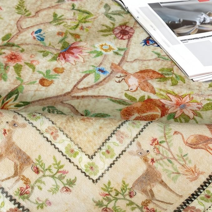 5x7 Area Rugs for Living Room, Machine Washable Non-Slip Carpet, Boho Floral Low Pile Throw Rugs for Bedroom, Dining Room, Office, Nursery, Vintage Home Decor（Beige）