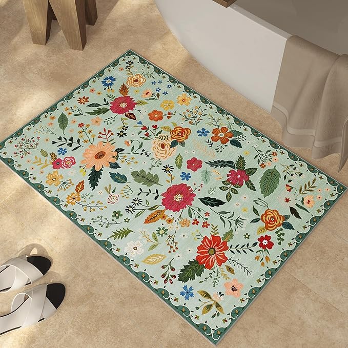 3x5 Area Rug, Floral Green Washable Rug for Entryway, Non Slip Flower Area Rugs, Soft Low Pile Indoor Doormat Small Carpet, Rugs for Living Room Bedroom Nursery Kitchen Dining Room, Sage Green