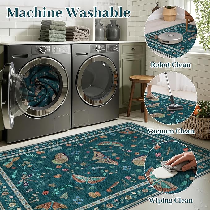 6ft Washable Round Rug - Bug Rugs for Living Room Non-Slip Low Pile Soft Ultra-Thin Machine Washable Circle Carpet for Bedroom, Entryway, Nursery, Kitchen, Home Office (6' Round Teal)