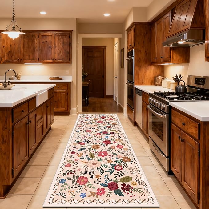 Washable Begie Red 2'6" x 10' Runners for Hallways, Non Slip Long Floor Runner for Kitchen, Entryway Indoor, Stain Resistant Rubber Backing Floral Décor Rug