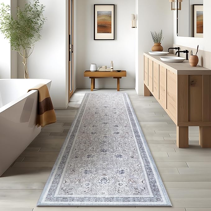 Phantoscope Washable Runner Rug 2'x6' Non-Slip, Vintage Neutral Hallway Rugs for Entryway, Stair, Bedroom, Distressed Boho Floral Medallion Pattern, Low-Pile Foldable Carpet, Light Grey/Neutral