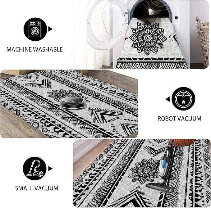 Area Rugs Moroccan for Living Room 5x8, Washable Non-Slip Boho Rug, Neutral Farmhouse Soft Carpet for Bedroom, Kitchen, Dining Room, Entryway, Geometric Print Tribal Carpets, Black and White