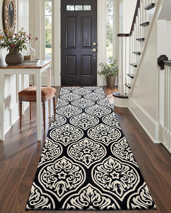 LUMI Washable Low-Pile Runner Rug Non Slip for Hallway, 2.3x8 Soft Carpet Absorbent Waterproof, Modern Black Area Mat Indoor High Traffic for Living Room, Entryway, Laundry