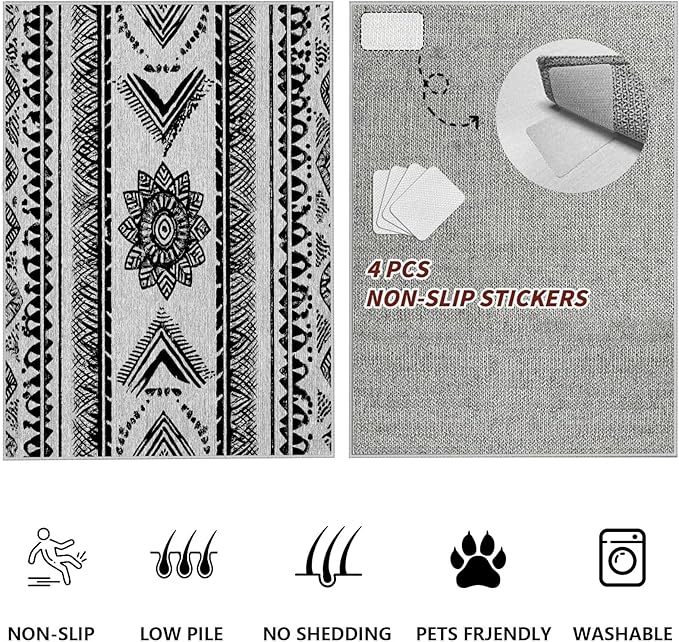 Area Rugs Moroccan for Living Room 4x6, Washable Non-Slip Boho Rug, Neutral Farmhouse Soft Carpet for Bedroom, Kitchen, Dining Room, Entryway, Geometric Print Tribal Carpets, Black and White