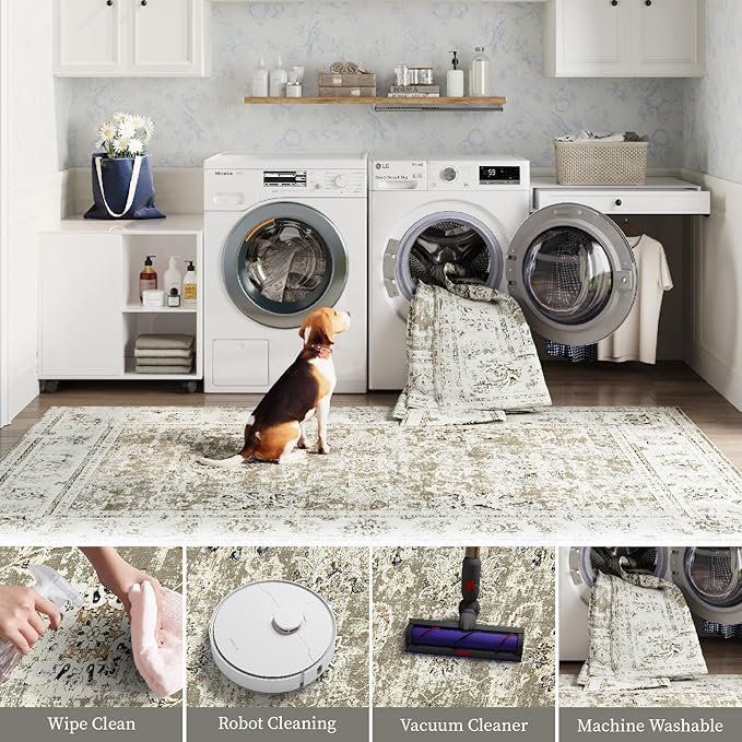jinchan Fiora Washable Area Rug 5x7 Ultra-Thin Low Pile Non Slip Stain Resistant Soft Faux Wool Floral Distressed Vintage Carpet for Bedroom, Living Room, Dining Room, Kitchen, Nursery(Taupe, 5' x 7')