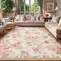 Lahome Floral Washable Rugs 9x12, Large Area Rugs 9x12 Living Room,Soft Non-Slip Thin Vintage Boho Bedroom Carpet for Dining Room Playroom Nursery Farmhouse, Beige/Pink/Multi