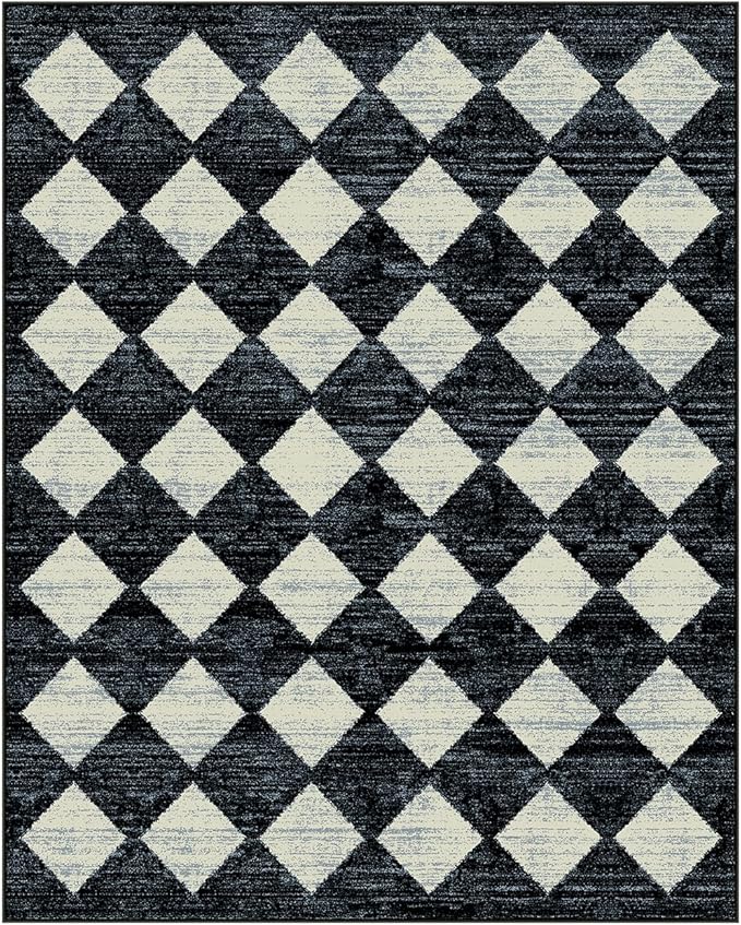 Lahome Checkered Washable 8 x 10 Area Rugs for Living Room, Black Bedroom Rug 8x10 Under Bed, Geometric Trellis Soft Ultra-Thin Indoor Carpet for Dining Room Dorm Kids Playroom (8'x10',Black)