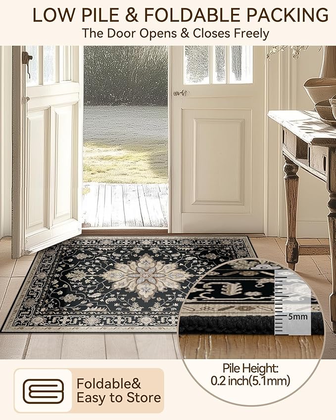 Area Rugs 2'x6' Washable Non-Slip, Floral Vintage Distress Print Pattern Medallion Carpet for Living Room Bedroom Dining Room, Black Brown Neutral Dark Tan