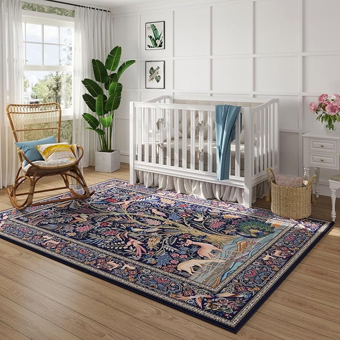 Rugcomf Area Rugs 4x6 Vibrant Tree of Life-Patterned Vintage Washable Rugs Non Slip Low Pile Small Carpet for Bedroom Bedside Kids Room Office Dining Room, Blue