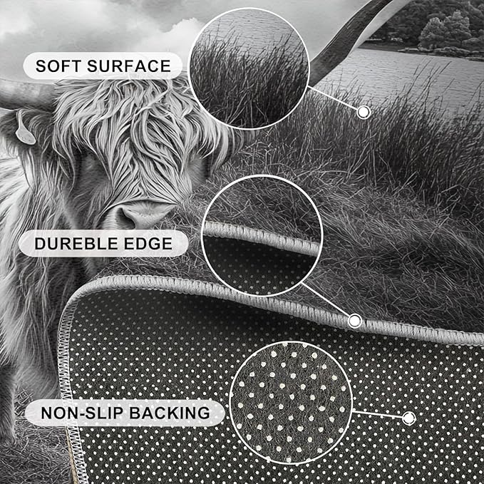 Highland Cattle Rugs for Bedroom - 6x9 Area Rug - Black White Highland Cattle Rugs for Living Room, 3D Natural Landscape Rug, Non-Slip Washable Home Decor Carpet