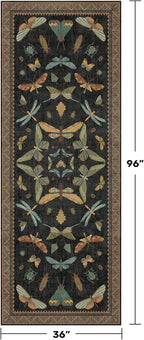 3x8 Green and Black Wide Hallway Runner Rugs - 8ft Washable Kitchen Floor Mats Non Slip, Floral & Insect Pattern Rug for Entryway, Vintage Stain Resistant Indoor Décor