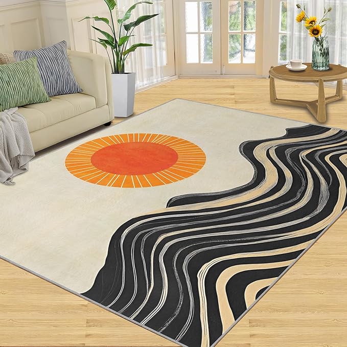 Boho Sun Area Rugs 4x5ft, Watercolor Mountain Kids Play Rug, Abstraction Deco Throw Rugs Bedroom Fluffie Soft for Coffee Shop Living Room Under Table Game Room