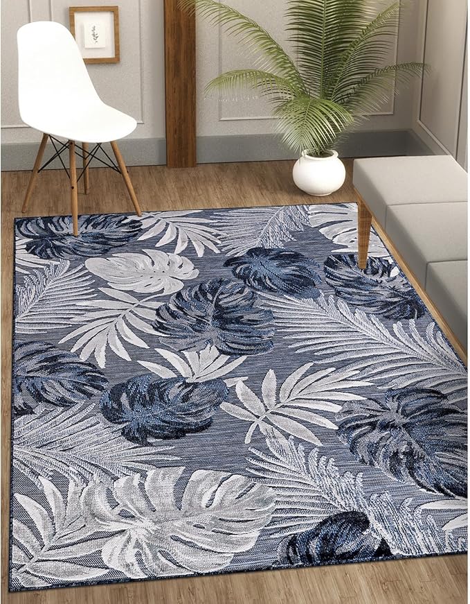 CAMILSON Indoor Outdoor Rug Navy Blue 4x6 Leaf Tropical Botanical Area Rugs for Indoor and Outdoor patios, Easy-Cleaning Non-Shedding Living Room Garden and Kitchen Washable Outside Carpet (4 x 6)