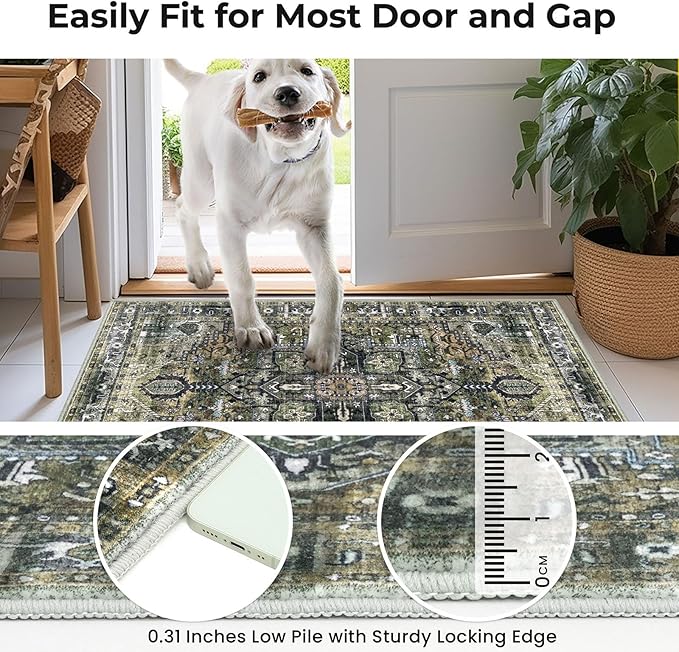 KOZYFLY Small Area Rug 2x3 Ft Rugs for Entryway Washable Boho Entry Rug Non Slip Door Mat Indoor Entrance Faux Wool Vintage Printed Kitchen Rug Throw Rugs for Entrance Kitchen, Charcoal/Green/Olive