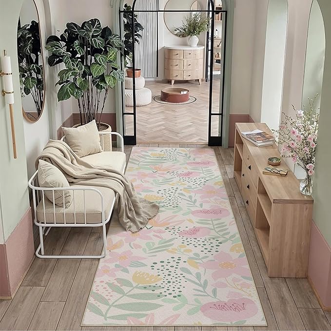 Floral Runner Rug 3x10 Washable Hallway Pink Bedroom Non Slip Cute Long Kitchen Carpet Botanical Indoor Soft Accent Rug for Bathroom Dining Laundry Living Room