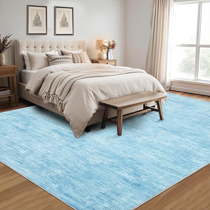 RUGSREAL 6x9 Large Bedroom Area Rug Washable Rug Soft Modern Area Rug for Living Room Non-Slip Stain Resistant Abstract Throw Floor Carpet Contemporary Rug Solid Rug for Dining Room Office, Blue