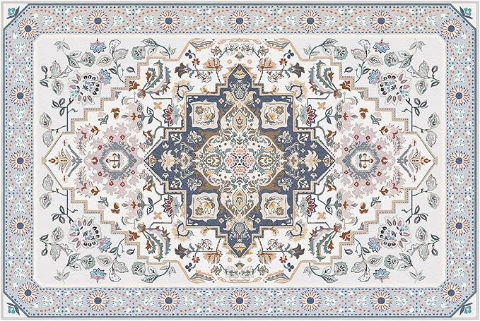 Phantoscope Washable Area Rug 4'x6' Non-Slip, Vintage Boho Rugs for Living Room, Bedroom, Dining Room, Persian Floral Medallion Pattern, Low-Pile Foldable Floor Carpet, Ivory Blue/Garden Bloom