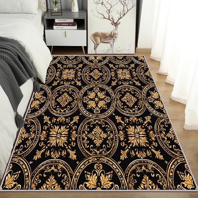Black Gold Baroque Rug, Washable 4x6 Rug for Living Room, Floral Geometric Patterned Indoor Carpet, Black Gold Baroque Decor for Home, Bedroom, Soft Non Slip Thin Design FER66