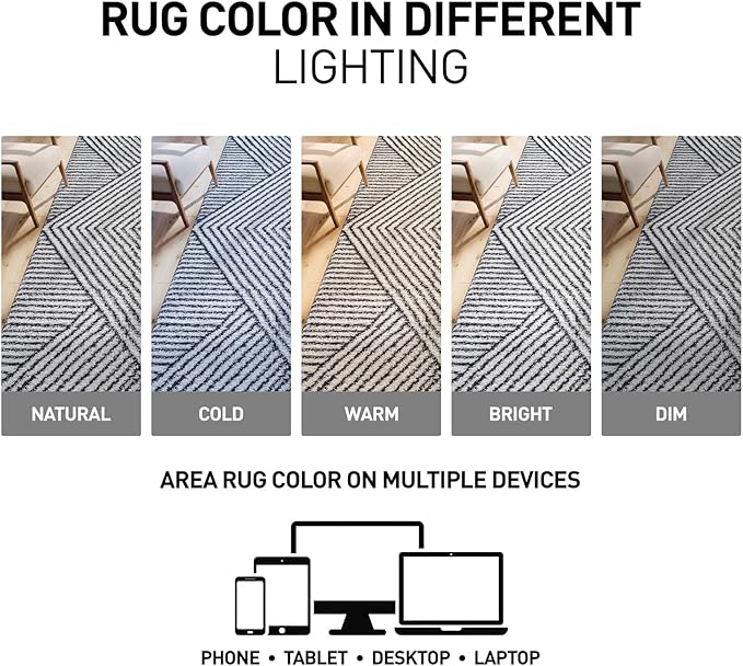 Rugshop Geometric Diamond Stripe Shag Area Rug White 5' x 7' Great for Bedrooms, Living Rooms, or Under Coffee Tables