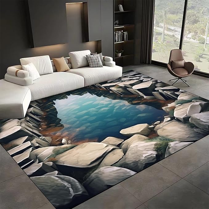 Visual Illusion Canyon Living Room Rug, 6x8ft, 3D Visual Effect Stream Indoor Throw Mat, Stone Crack Ultra Soft Home Decor Carpet, Thin Low Pile Machine Washable Rugs for Entrance