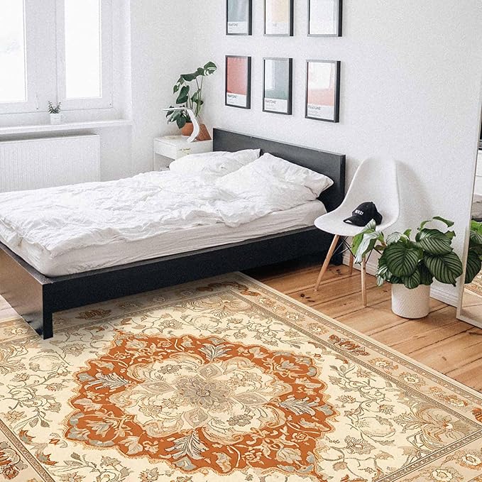 Orange Bohemian Rectangular Area Rugs for Living Room Bedroom 5 x 6.9 ft Vintage Farmhouse Floral Pattern Non-Shedding Soft Low Pile Rug Non Slip Washable Rug for Nursery Entryway Playroom