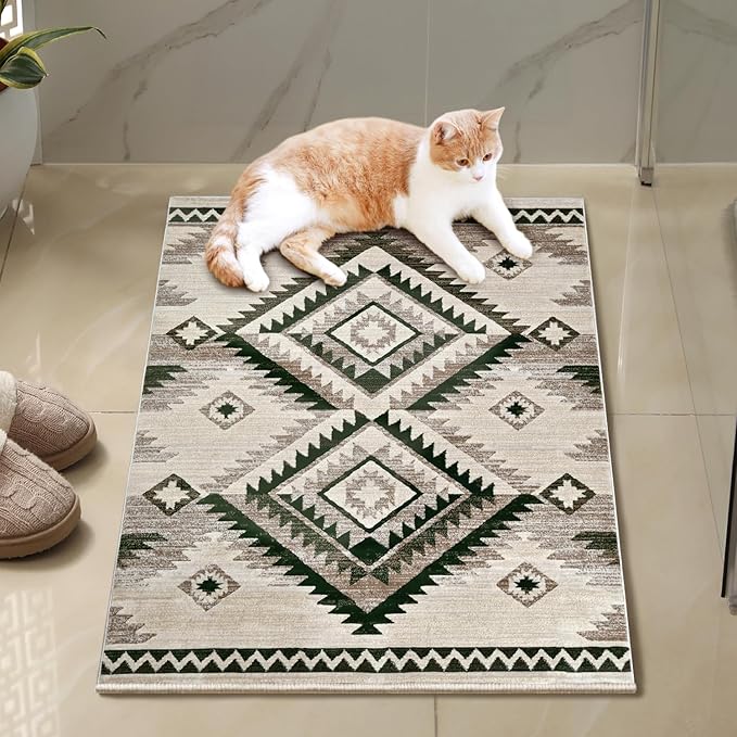 YHSF South West Native American Rug Ritz – Native Tribal American Indian Inspired Rug - Living Room, Bedroom, Hallway, Entryway & High-Traffic Area Rugs - Washable - Soft - Olive, 2 Feet x 3 Feet