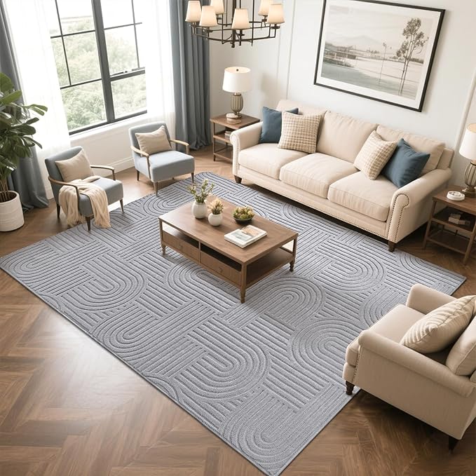 SHACOS Soft Cozy Fluffy Arch Pattern High Low Pile Rugs 4'x6' Non Slip Washable Scandinavian Minimalist Rug Modern Geometric Arc Carpet for Living Room Bedroom Dining Room, Light Grey