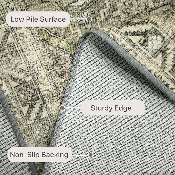 Bavni Runner Rug 2x5, Low Pile Machine Washable Rugs for Hallways, Kitchen, Bedroom, Non Slip Aesthetic Vintage Distressed Print Lightweight Durable Chenille 2x5 Mat, Forgotten Sandstone