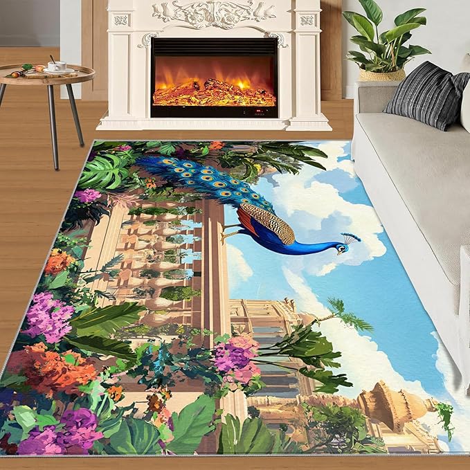 Peacock Rugs for Living Room - 8x10 Rug, Tropical Palm Leaves Area Rugs for Bedroom, Peacock Decor Rug, Floral Animal Washable Carpet, Peafowl Carpet - Peafowl Home Decor & Gifts