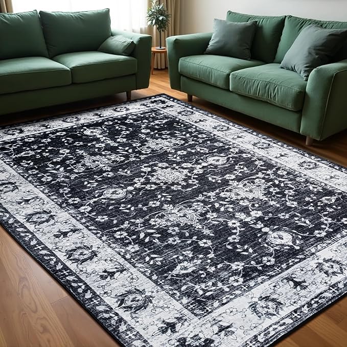 Area Rug for Living Room, 8x10 Machine Washable Non Slip Large Faux Wool Throw Rug, 0.3″ Low Pile & Non-Shedding Boho Large Carpet Rugs for for Dining Room, Bedroom, Office (Black White)