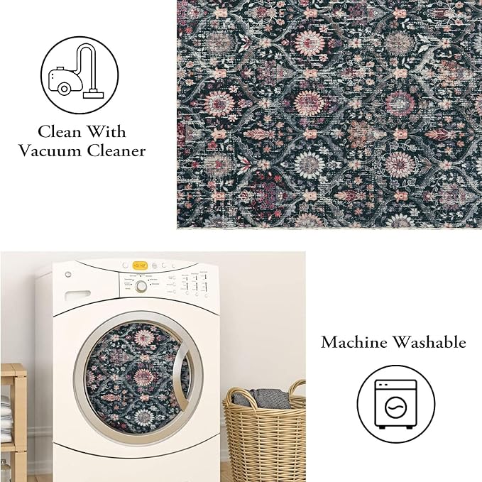 Lahome Moroccan Trellis Washable Small Area Rug, 3x5 Black Rug for Bedroom Living Room, Non-Slip Oriental Accent Throw Carpet for Kitchen Office Entryway Bathroom Office, Black/Multi